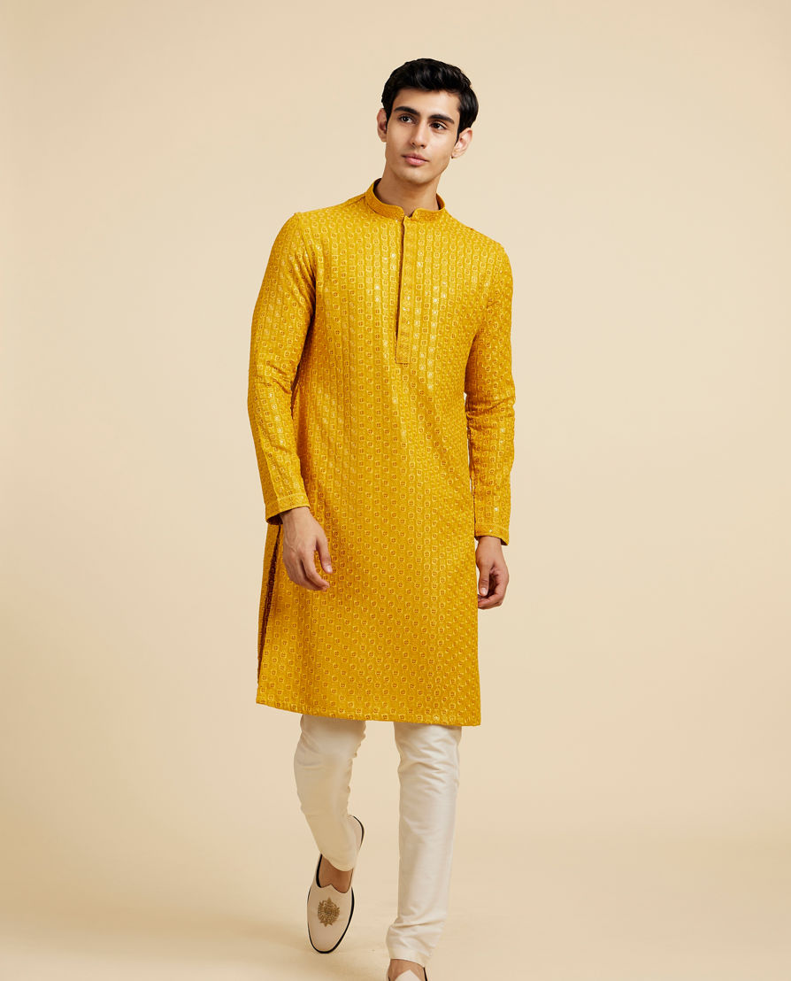 Diwas Men Mustard Yellow Chikankari Sequinned Kurta