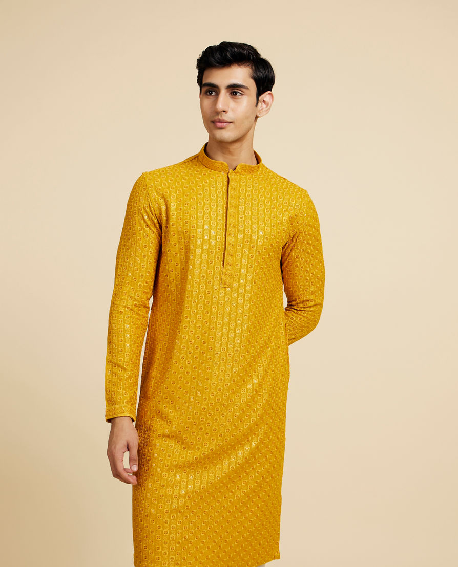 Diwas Men Mustard Yellow Chikankari Sequinned Kurta