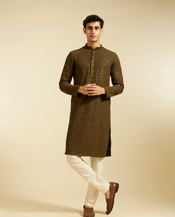 alt message - Diwas Men Olive Green Chikankari Sequinned Kurta image number 2