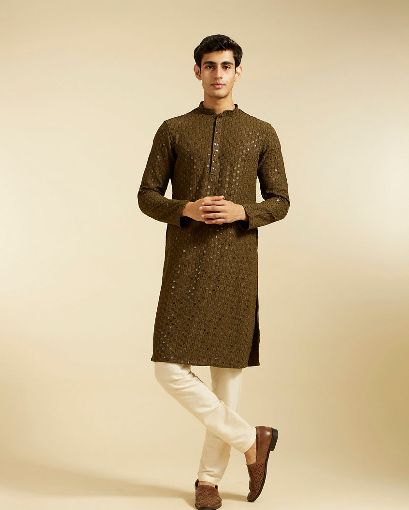 alt message - Diwas Men Olive Green Chikankari Sequinned Kurta image number 2