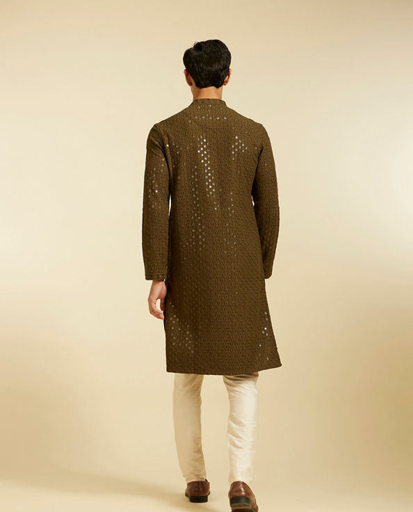 alt message - Diwas Men Olive Green Chikankari Sequinned Kurta image number 4