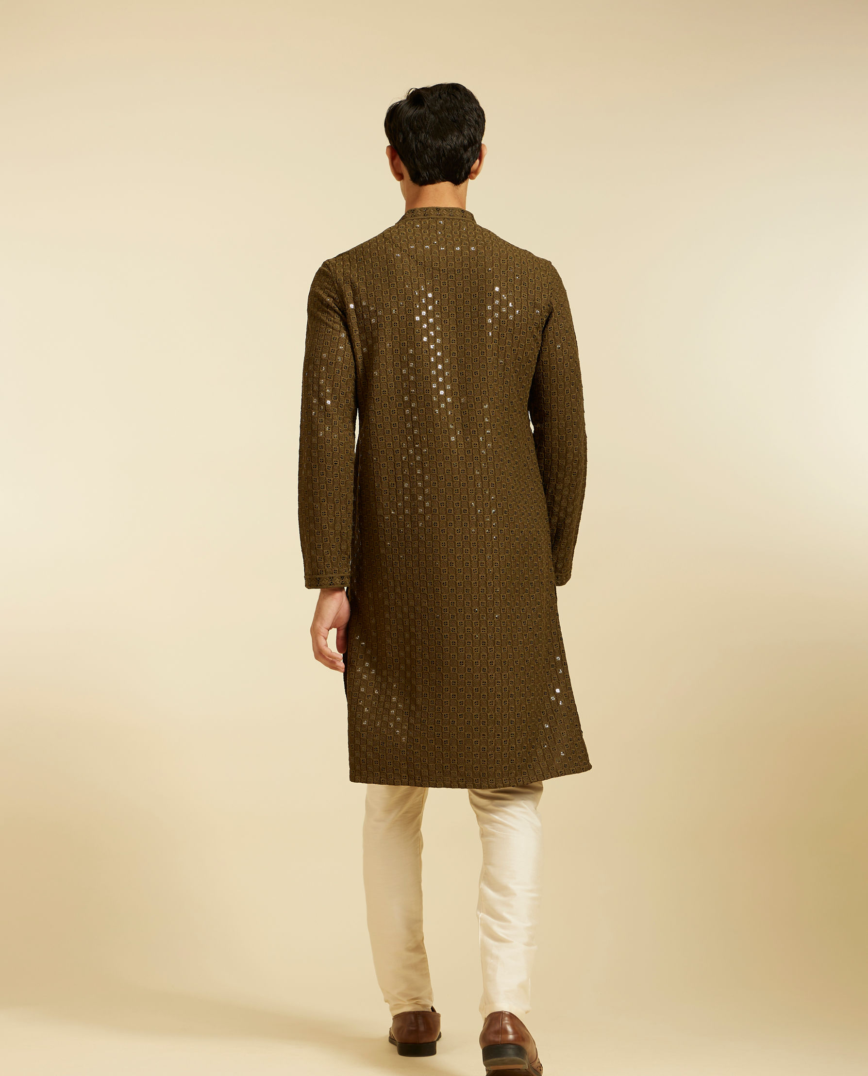 alt message - Diwas Men Olive Green Chikankari Sequinned Kurta image number 4