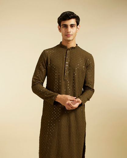 Diwas Men Olive Green Chikankari Sequinned Kurta