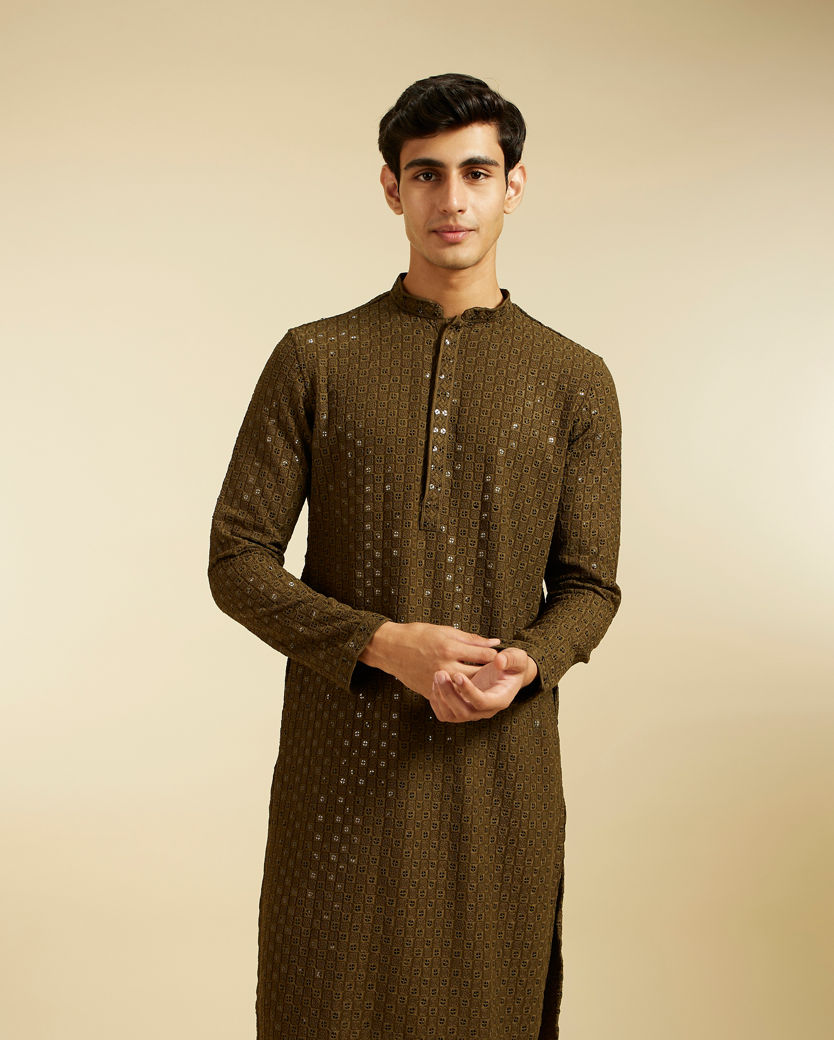 alt message - Diwas Men Olive Green Chikankari Sequinned Kurta image number 0