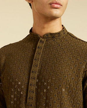 Diwas Men Olive Green Chikankari Sequinned Kurta