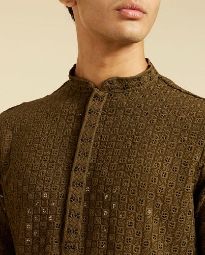 Diwas Men Olive Green Chikankari Sequinned Kurta