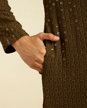 Diwas Men Olive Green Chikankari Sequinned Kurta