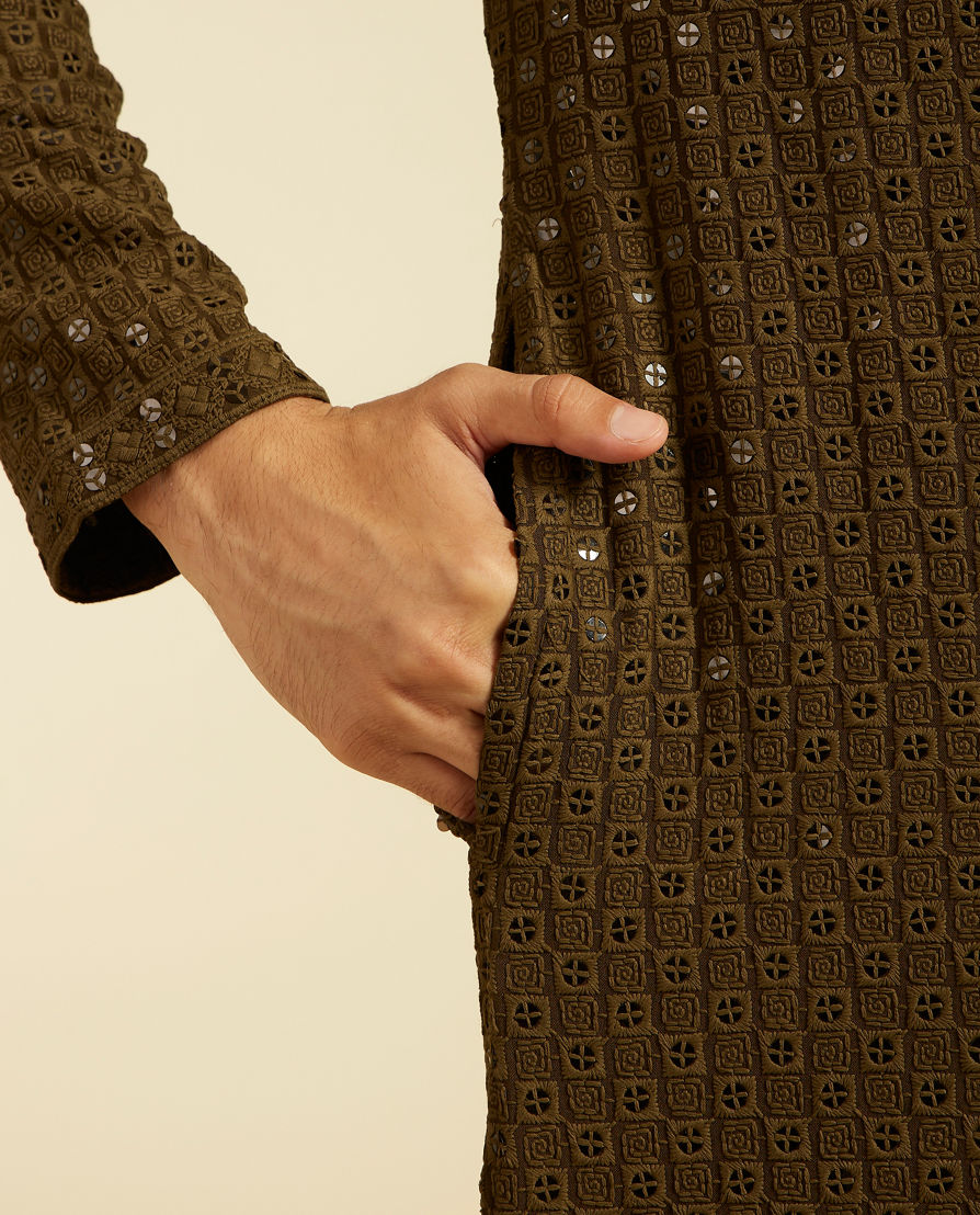 Diwas Men Olive Green Chikankari Sequinned Kurta