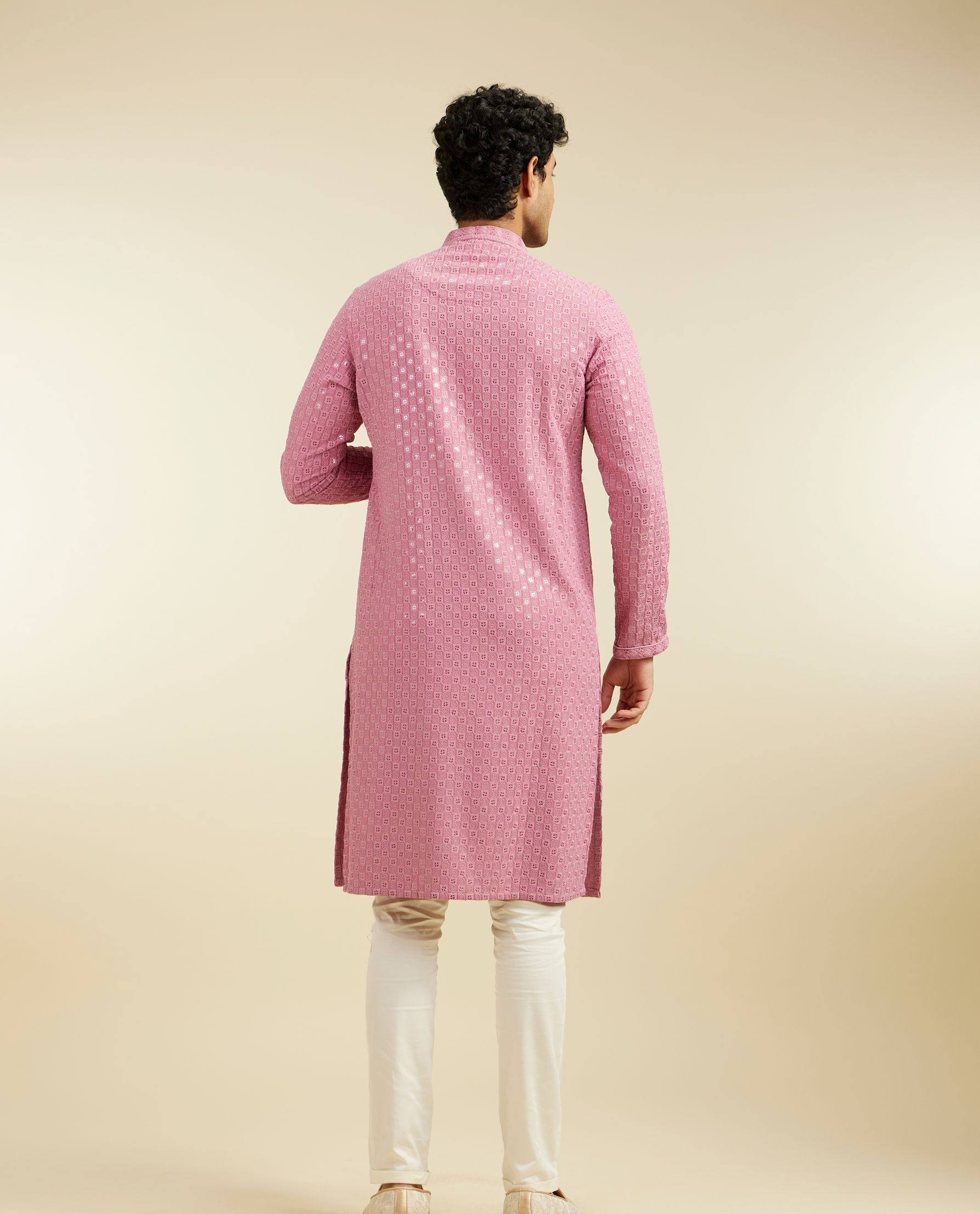 alt message - Diwas Men Dusty Pink Chikankari Sequinned Kurta image number 4