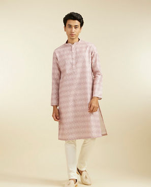 Diwas Men Baby Pink Grid Printed Kurta