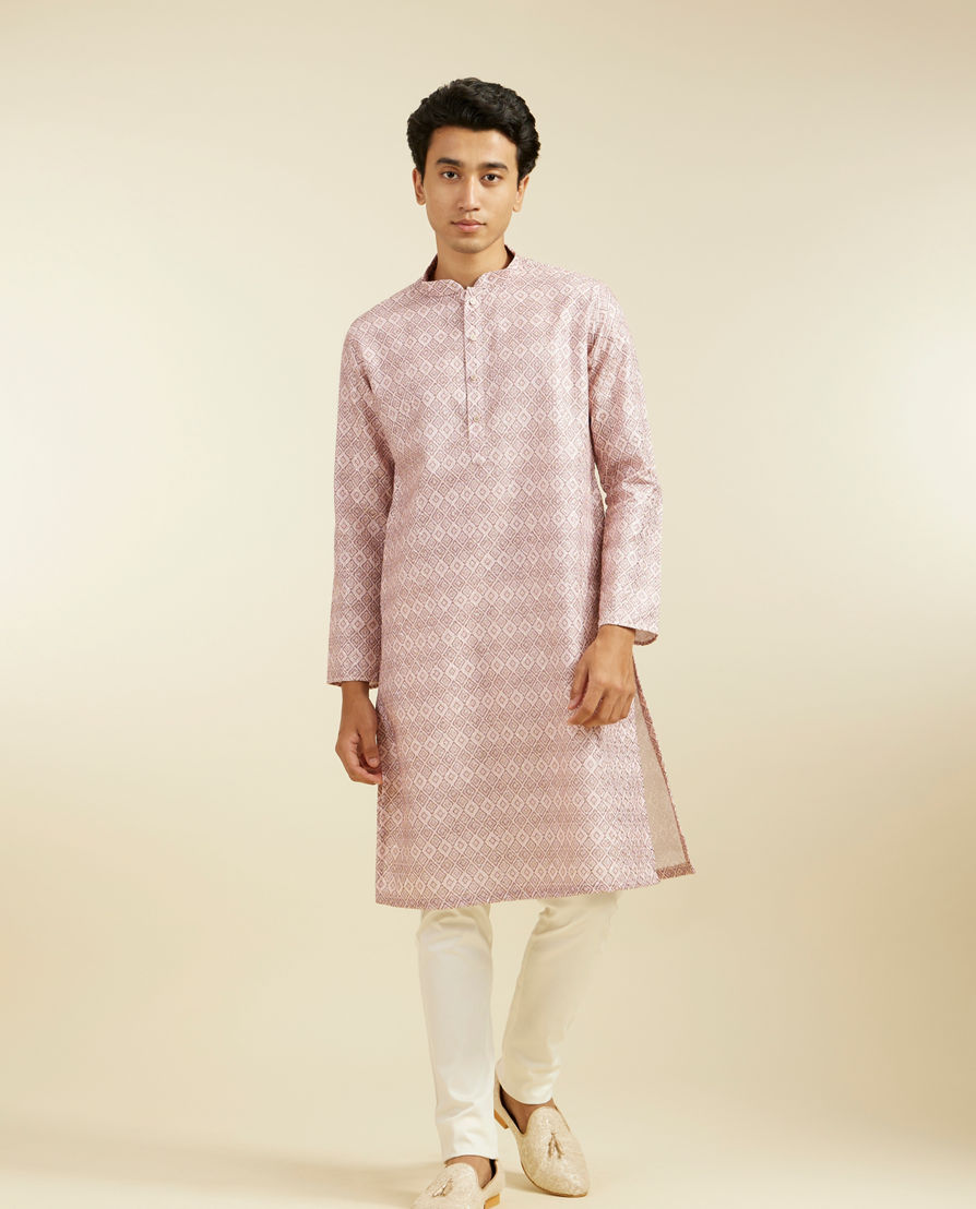 Diwas Men Baby Pink Grid Printed Kurta