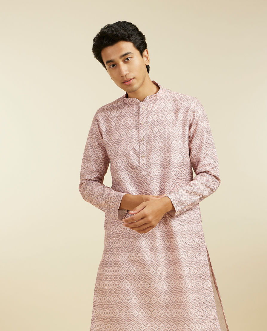 Diwas Men Baby Pink Grid Printed Kurta