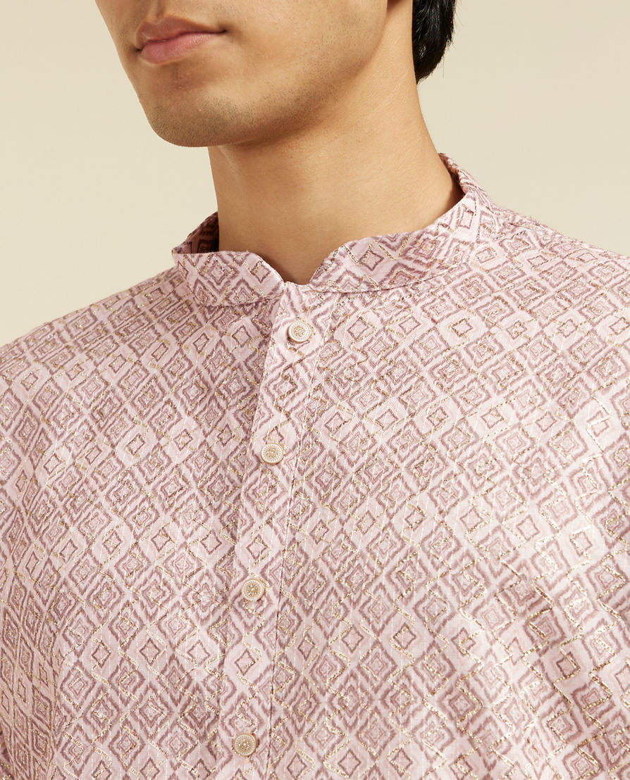 Diwas Men Baby Pink Grid Printed Kurta