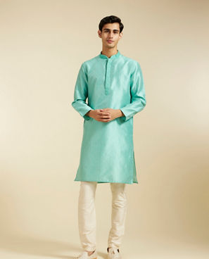Diwas Men Aqua Green Harlequin Patterned Kurta with Mirror Work