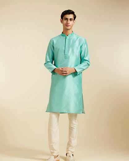 Diwas Men Aqua Green Harlequin Patterned Kurta with Mirror Work