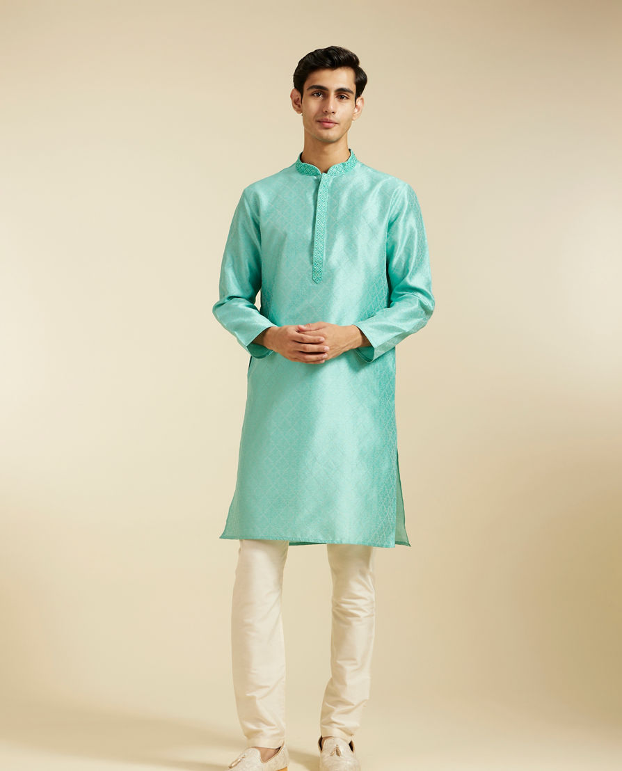 Diwas Men Aqua Green Harlequin Patterned Kurta with Mirror Work