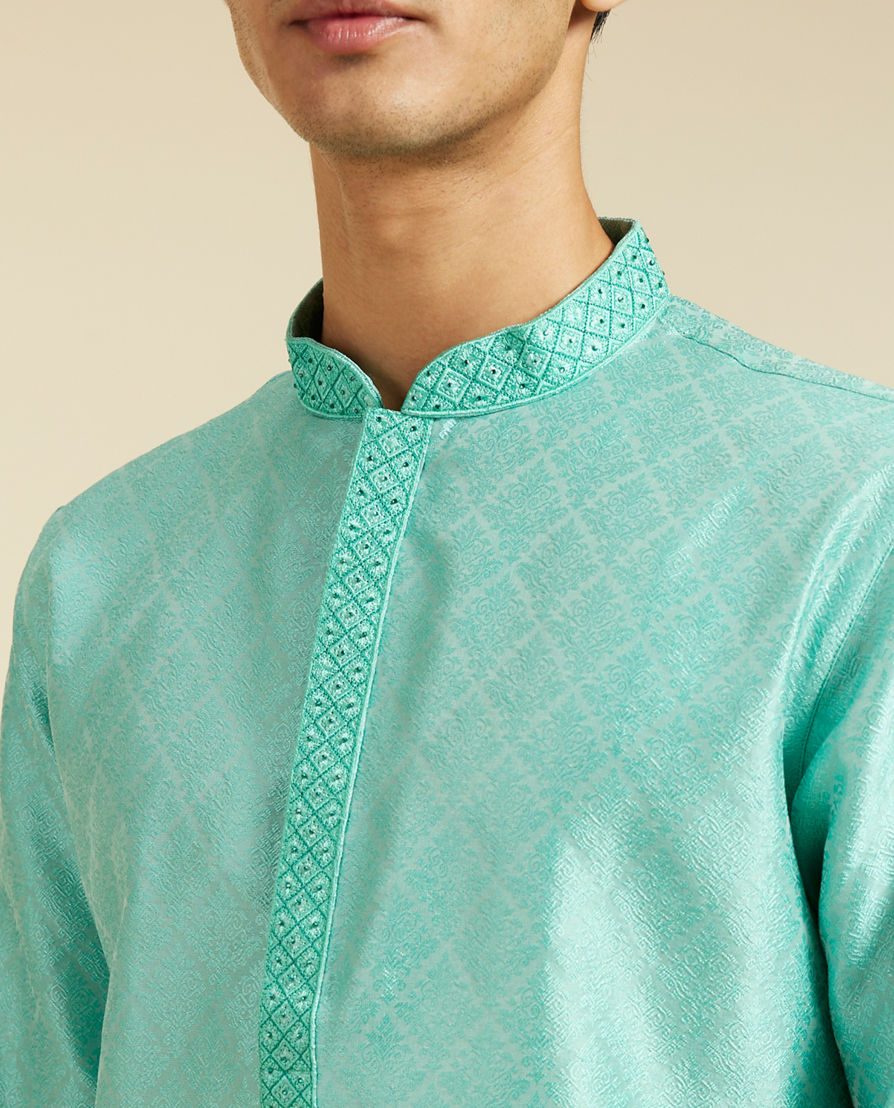 Diwas Men Aqua Green Harlequin Patterned Kurta with Mirror Work