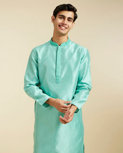 Diwas Men Aqua Green Harlequin Patterned Kurta with Mirror Work