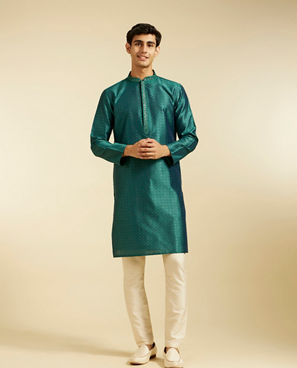 Diwas Men Teal Green Jaal Patterned Kurta with Embroidered Placket