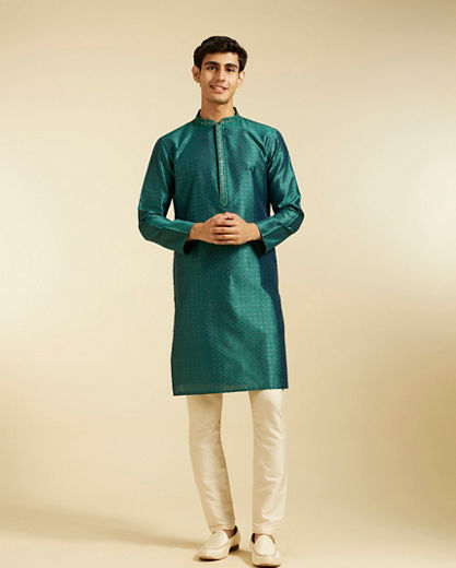 Diwas Men Teal Green Jaal Patterned Kurta with Embroidered Placket