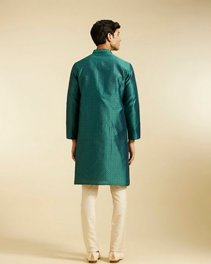 Diwas Men Teal Green Jaal Patterned Kurta with Embroidered Placket
