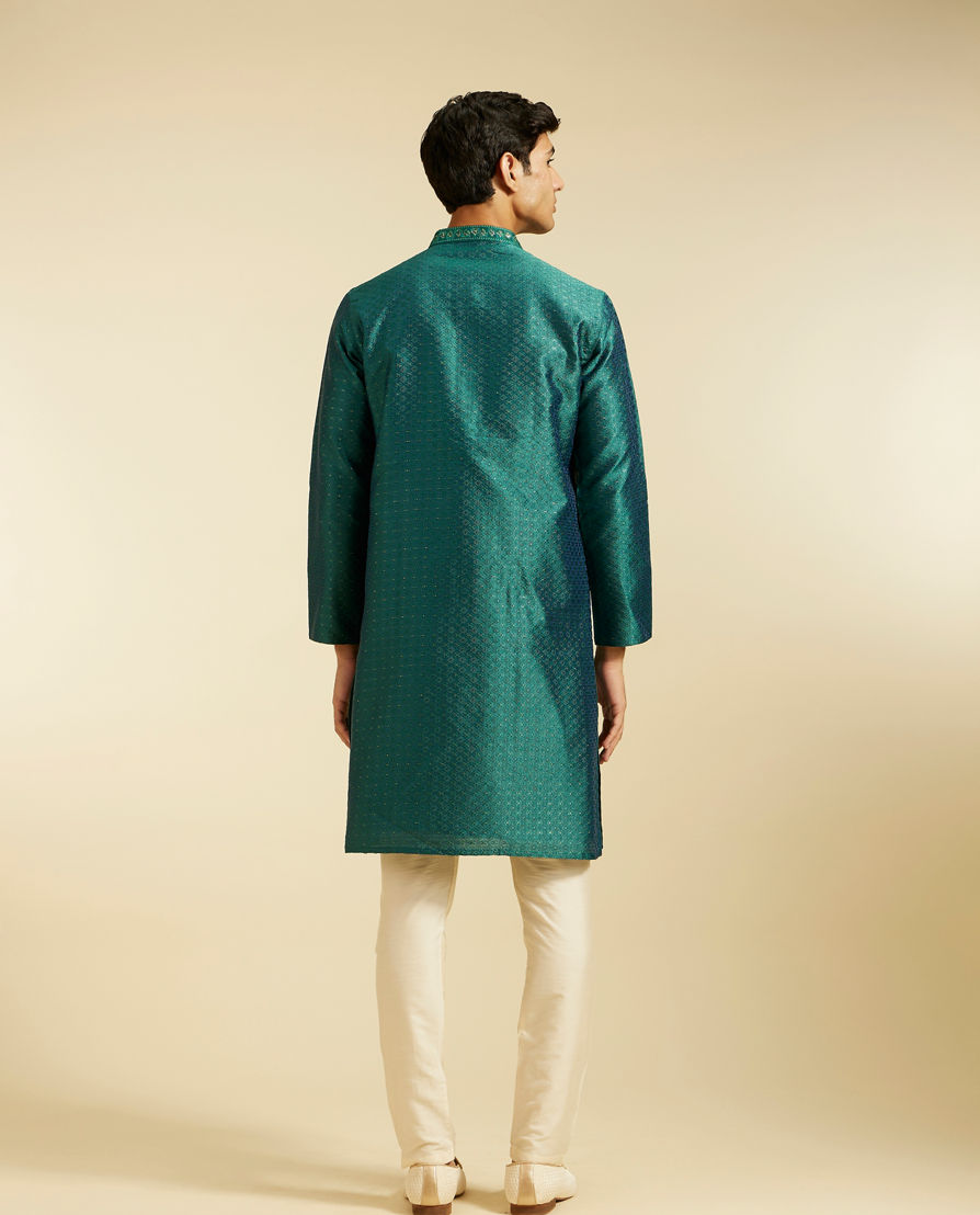 Diwas Men Teal Green Jaal Patterned Kurta with Embroidered Placket