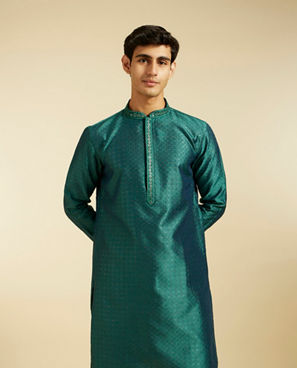 Diwas Men Teal Green Jaal Patterned Kurta with Embroidered Placket