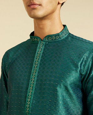 Diwas Men Teal Green Jaal Patterned Kurta with Embroidered Placket