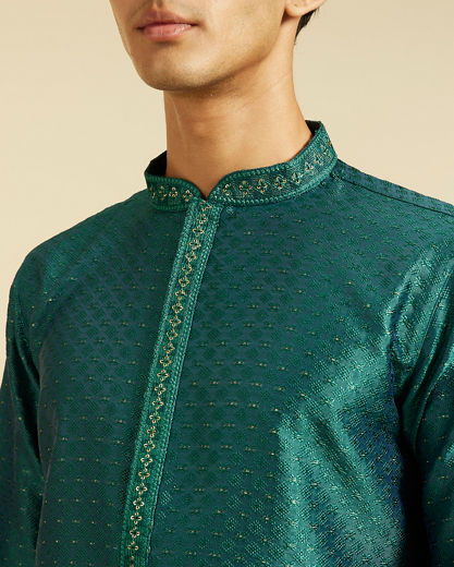 Diwas Men Teal Green Jaal Patterned Kurta with Embroidered Placket
