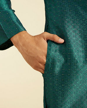 Diwas Men Teal Green Jaal Patterned Kurta with Embroidered Placket