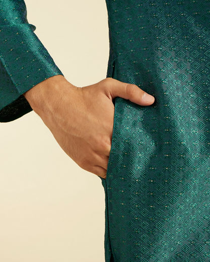 Diwas Men Teal Green Jaal Patterned Kurta with Embroidered Placket