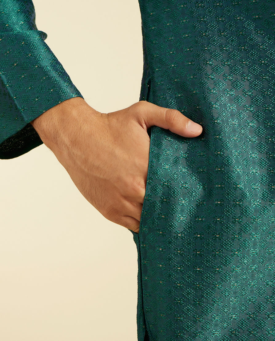 Diwas Men Teal Green Jaal Patterned Kurta with Embroidered Placket