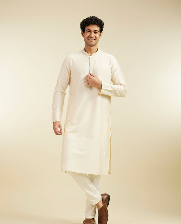 alt message - Diwas Men Cream Beige Plain Kurta with Embroidered Placket image number 2