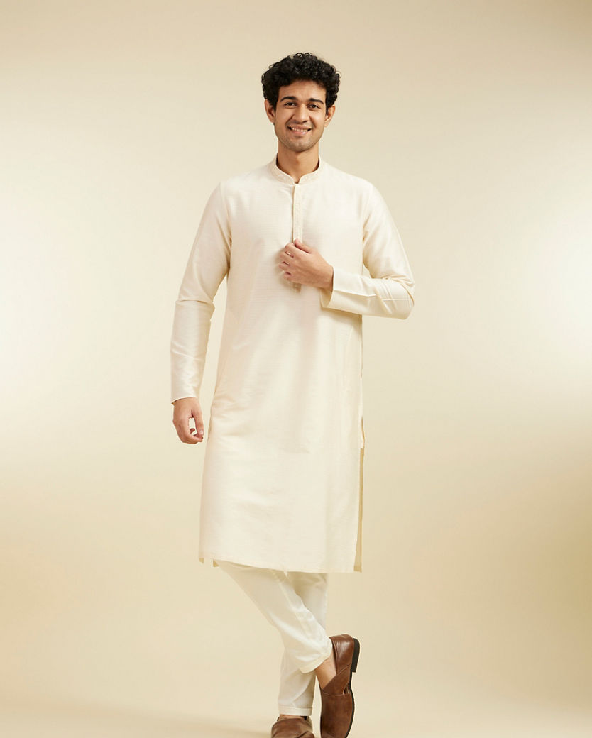 Diwas Men Cream Beige Plain Kurta with Embroidered Placket