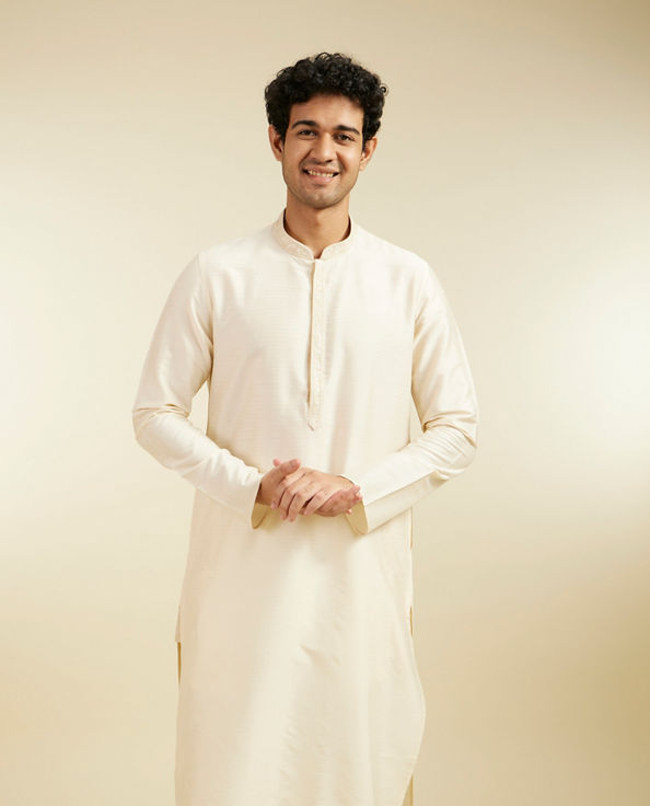 alt message - Diwas Men Cream Beige Plain Kurta with Embroidered Placket image number 0