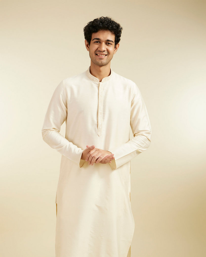 Diwas Men Cream Beige Plain Kurta with Embroidered Placket