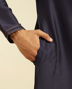 Diwas Men Navy Blue Plain Kurta with Embroidered Placket