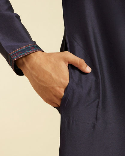 Diwas Men Navy Blue Plain Kurta with Embroidered Placket