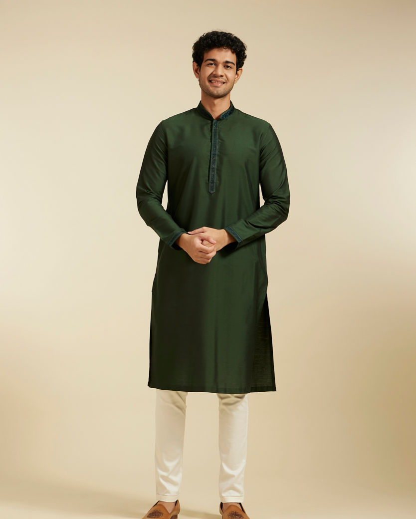 alt message - Diwas Men Bottle Green Plain Kurta with Embroidered Neck image number 2