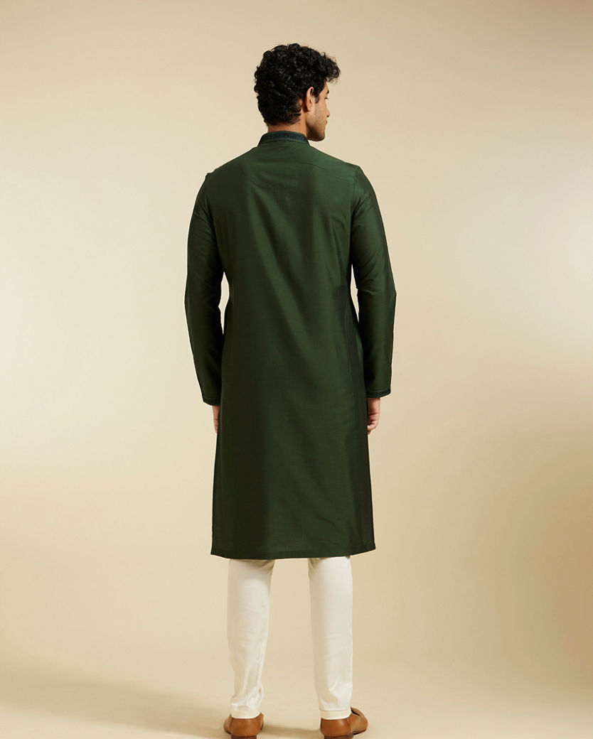 alt message - Diwas Men Bottle Green Plain Kurta with Embroidered Neck image number 4