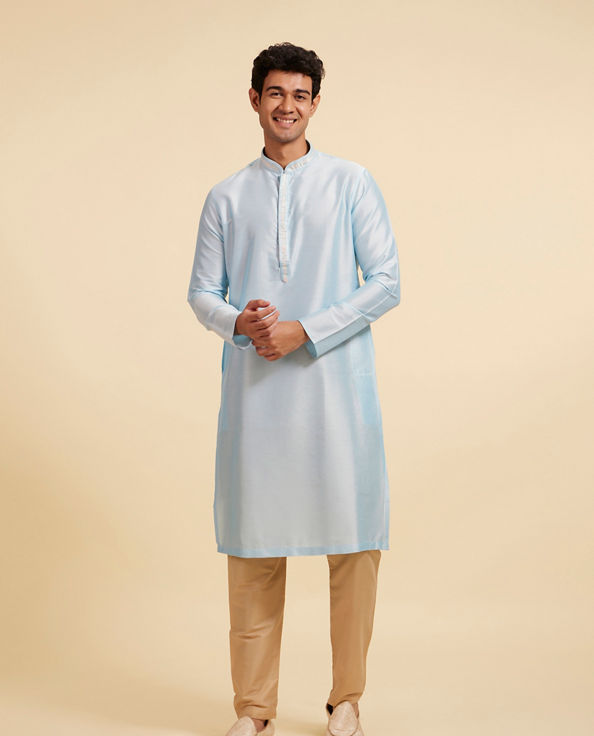 Diwas Men Powder Blue Plain Kurta with Embroidered Placket