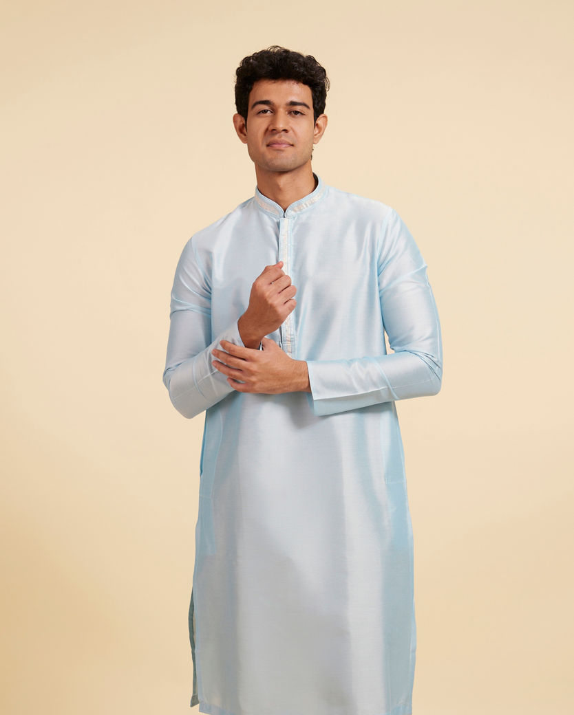 Diwas Men Powder Blue Plain Kurta with Embroidered Placket