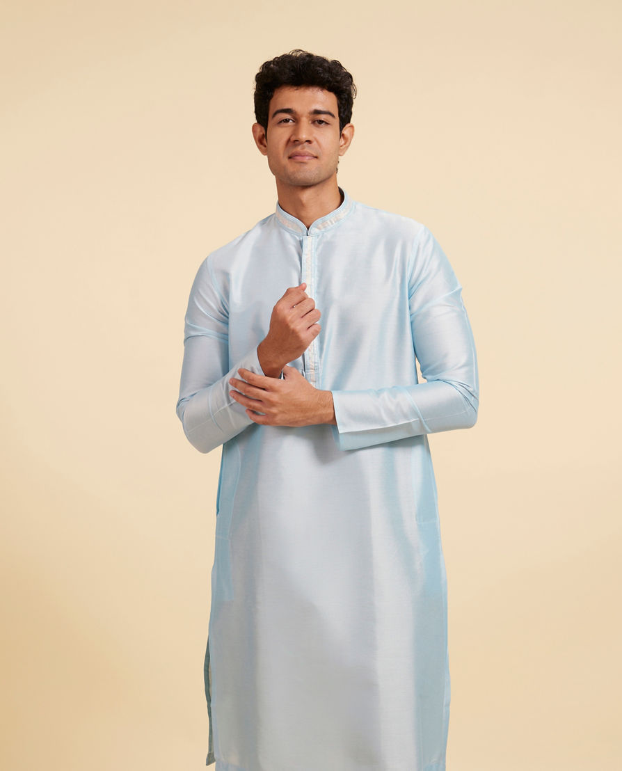 Diwas Men Powder Blue Plain Kurta with Embroidered Placket