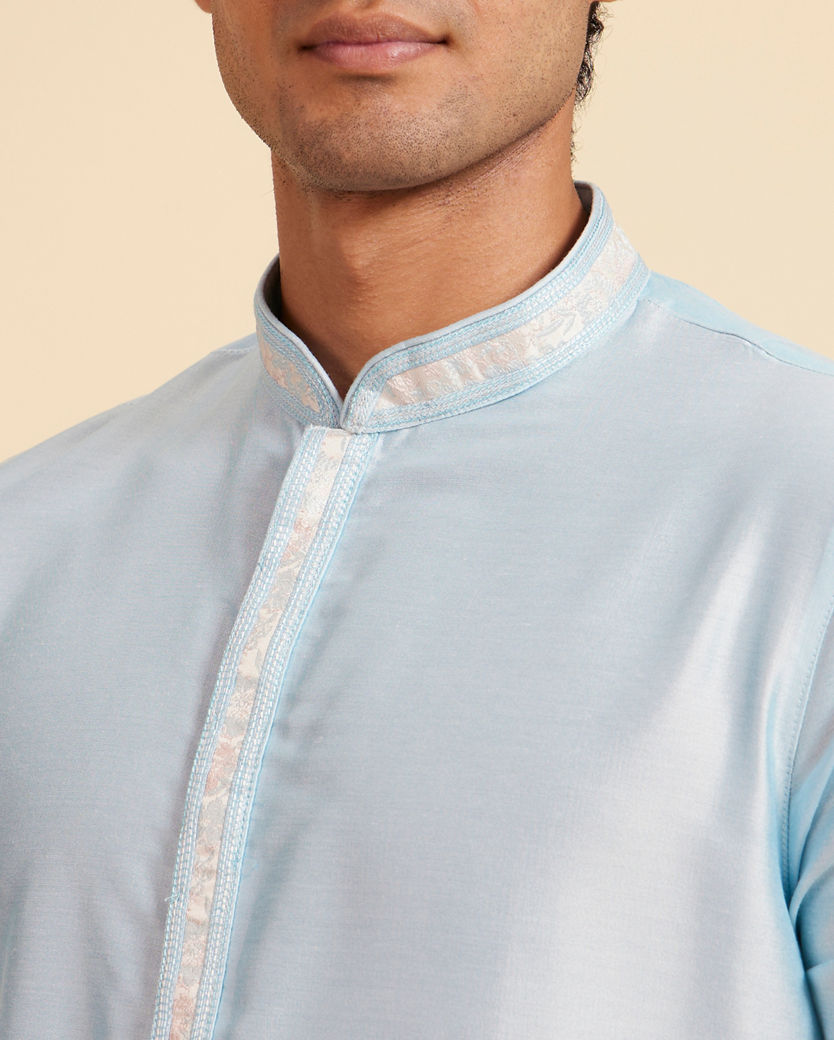 Diwas Men Powder Blue Plain Kurta with Embroidered Placket