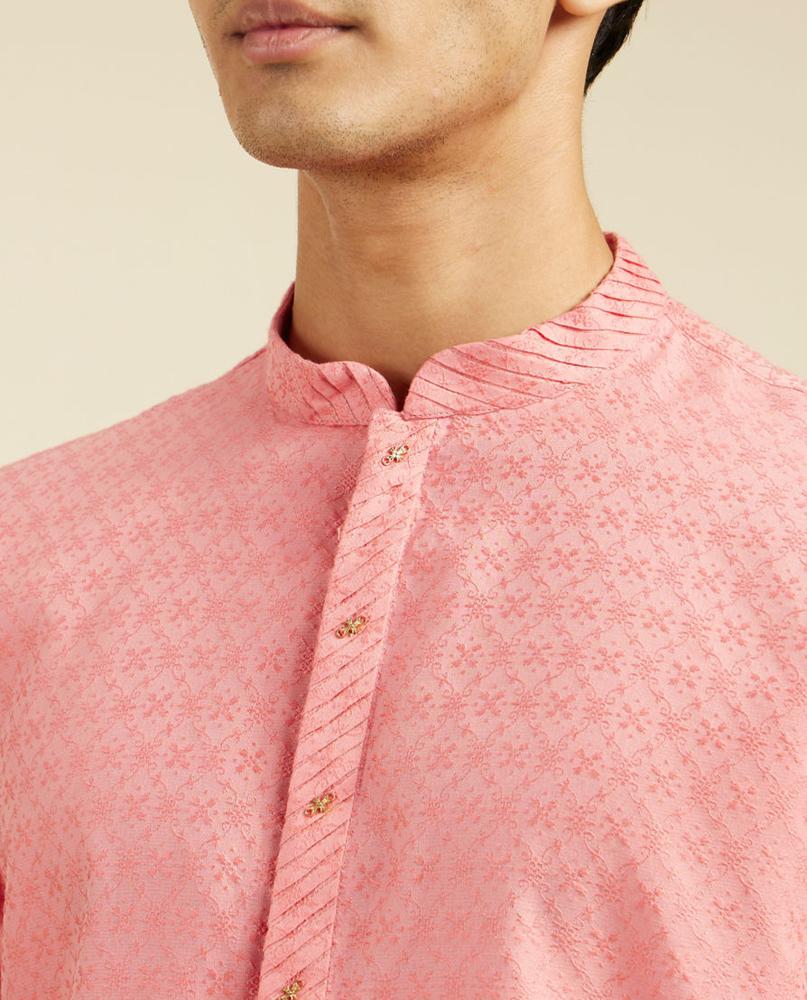 Diwas Men Coral Pink Jaal Patterned Kurta