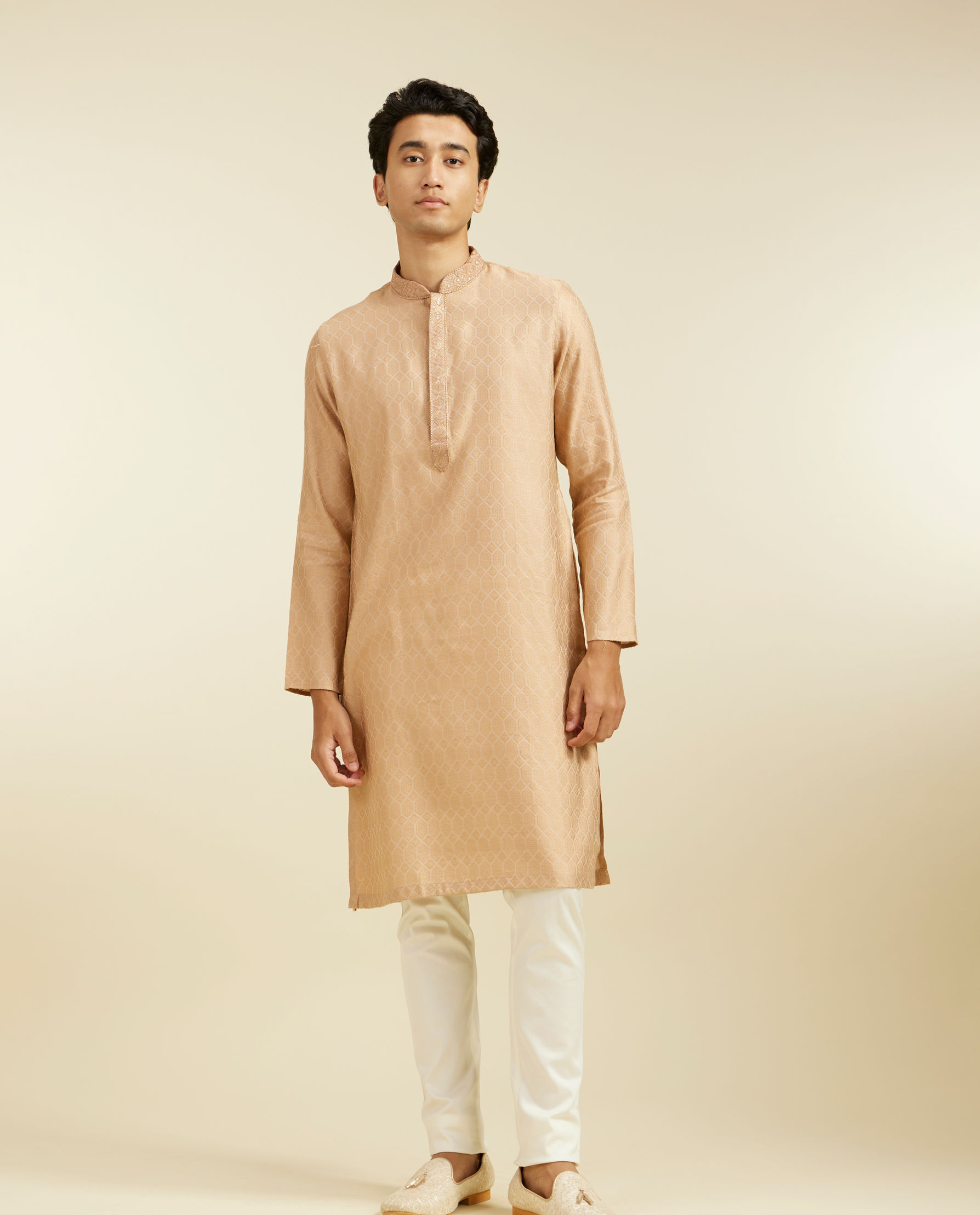 Diwas Men Light Fawn Honeycomb Patterned Kurta with Embroidered Neckline