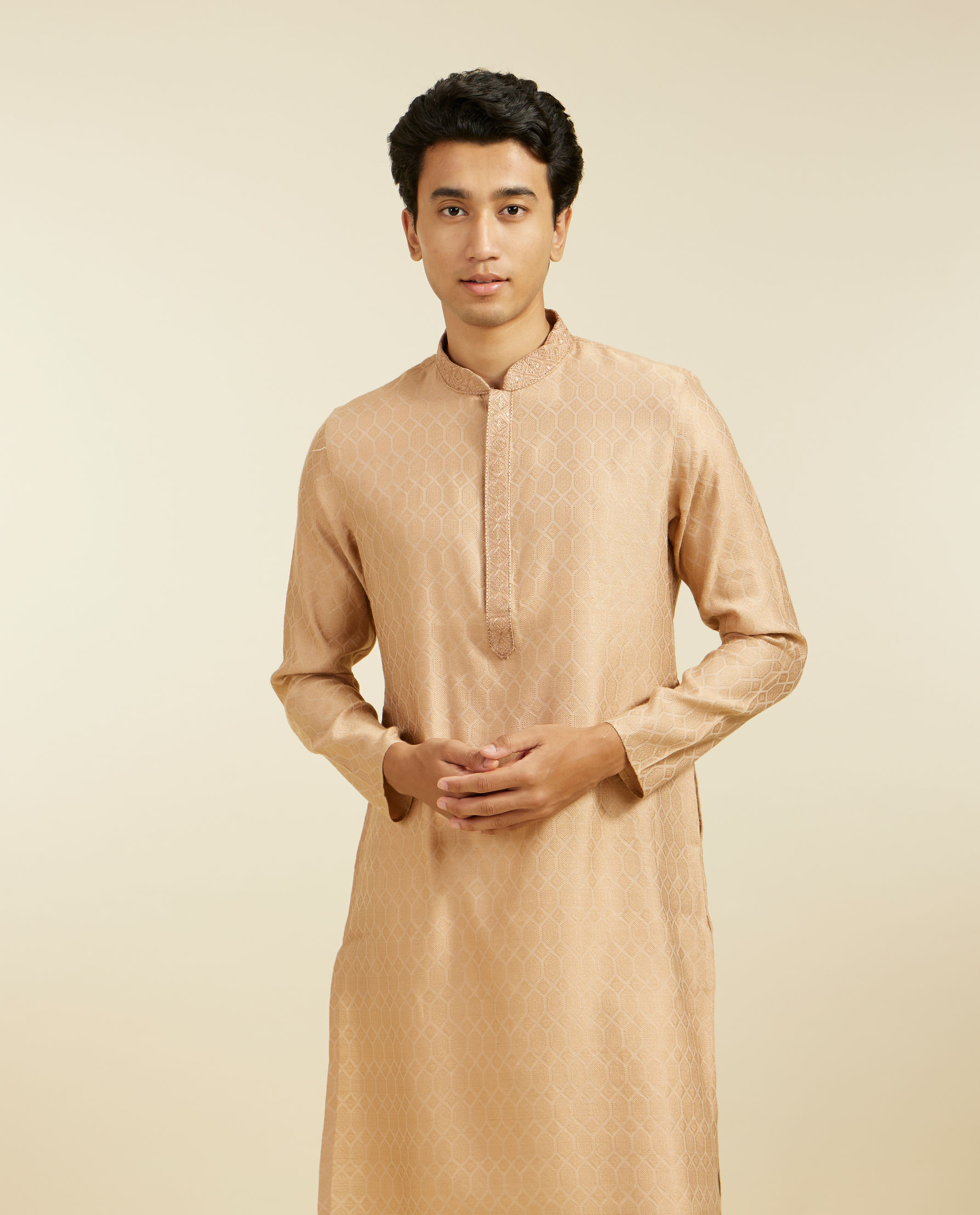 Diwas Men Light Fawn Honeycomb Patterned Kurta with Embroidered Neckline