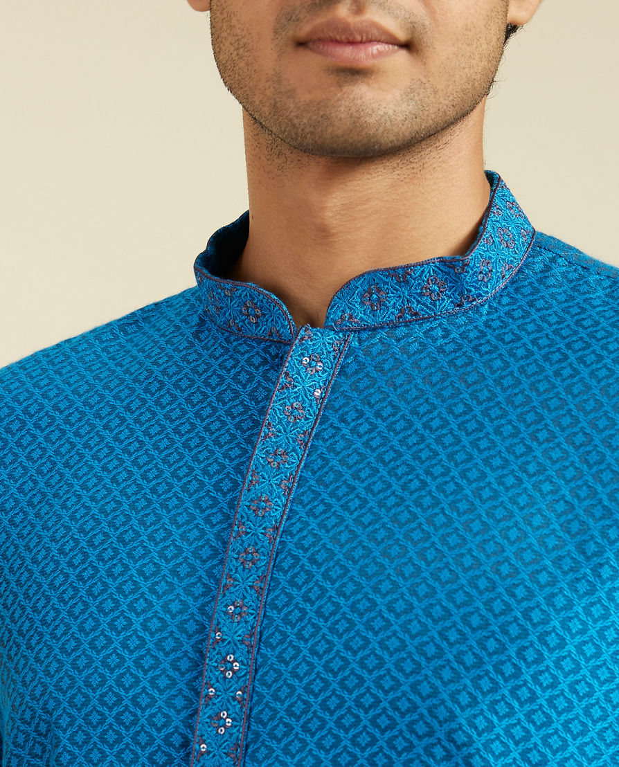 Diwas Men Lapis Blue Lattice Patterned Kurta