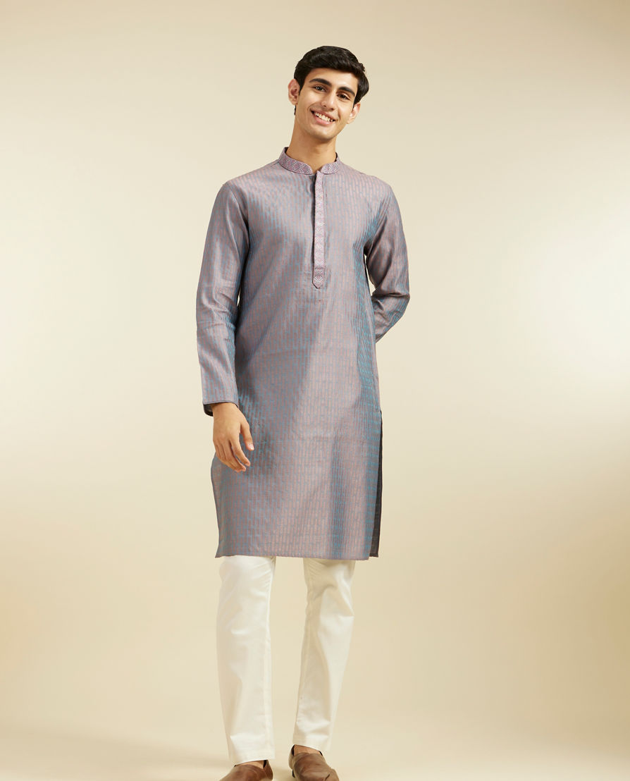 Diwas Men Concrete Grey Kurta with Fern Motifs and Embroidered Placket