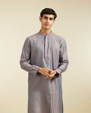 Diwas Men Concrete Grey Kurta with Fern Motifs and Embroidered Placket